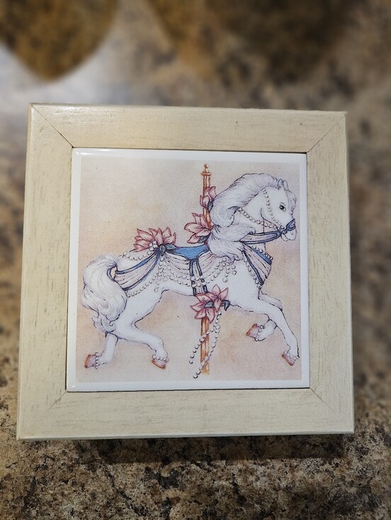 None Other - Wood Carousel Horse Ceramic Tile Jewelry Box
